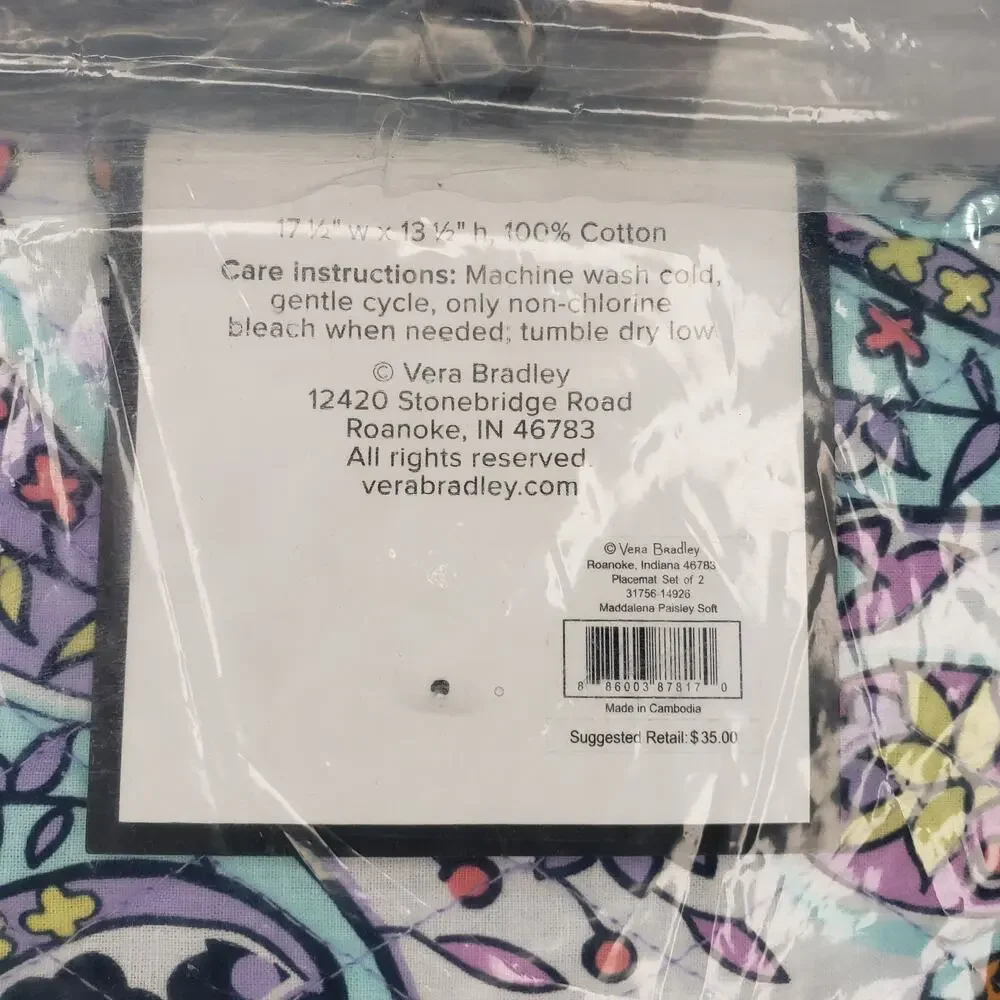 Vera Bradley Maddalena Paisley Soft Placemats Set of 2 Floral NWT